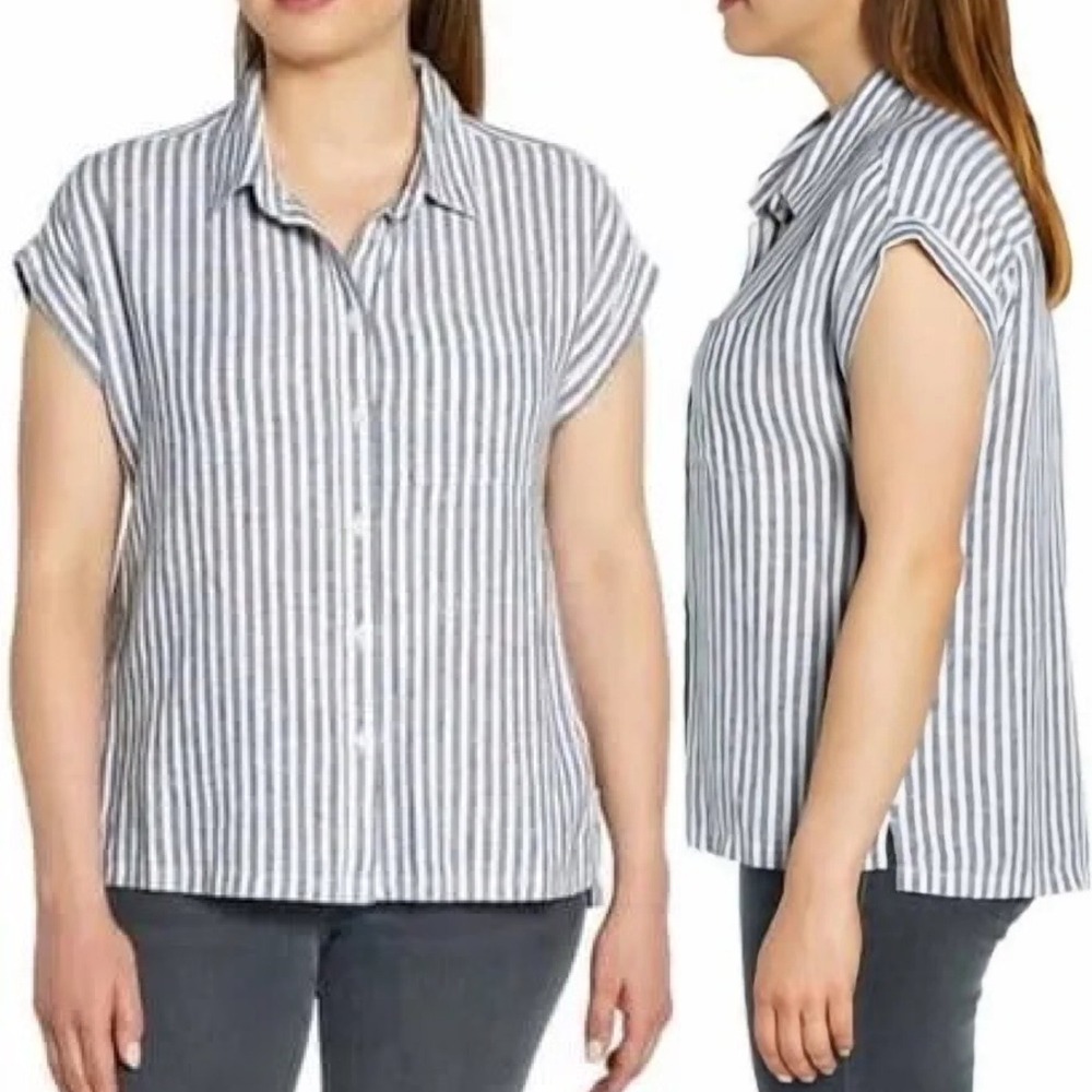 Orvis Classic Collection Blue White Striped Linen Blend Button Front Shirt‎ M
